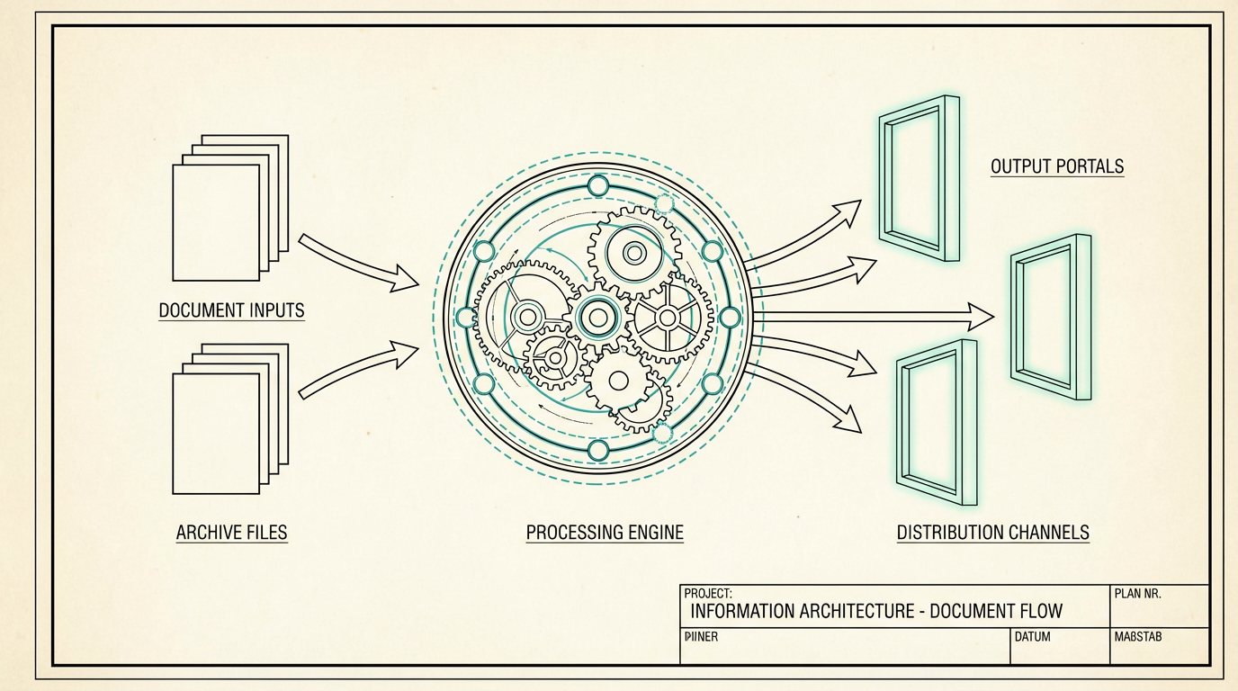 Blueprint-style pipeline: sources and markdown flow through sync tooling into compiled portal data and static HTML pages.
