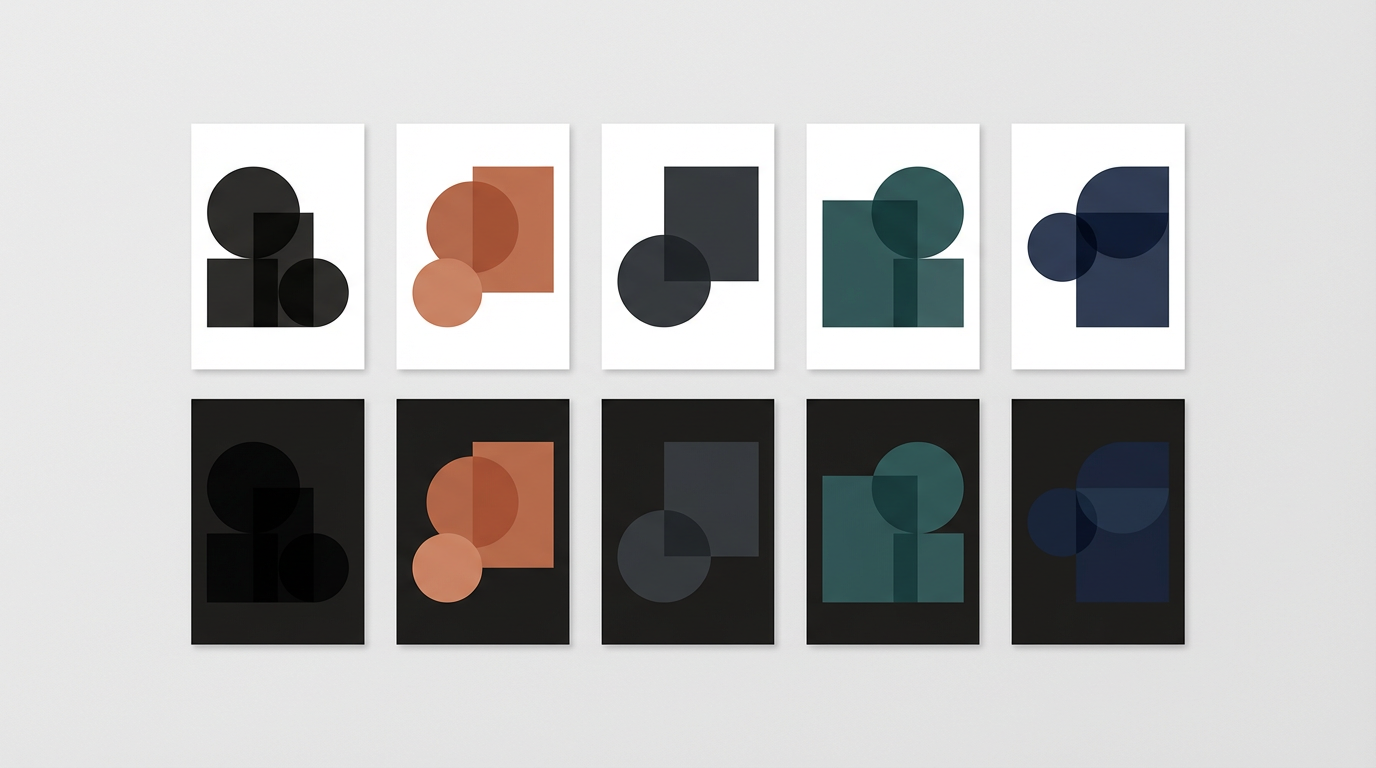 Grid of minimalist UI cards in light and dark rows across five brand-tinted columns, abstract placeholders only.
