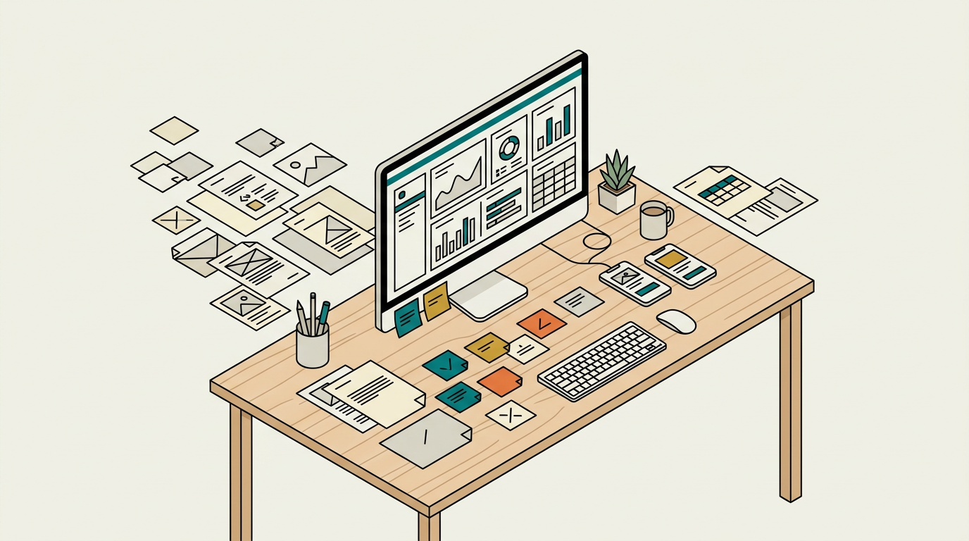 Illustration: scattered papers, notes, and small screens around a desk flow into one monitor showing a clean dashboard with teal accents.