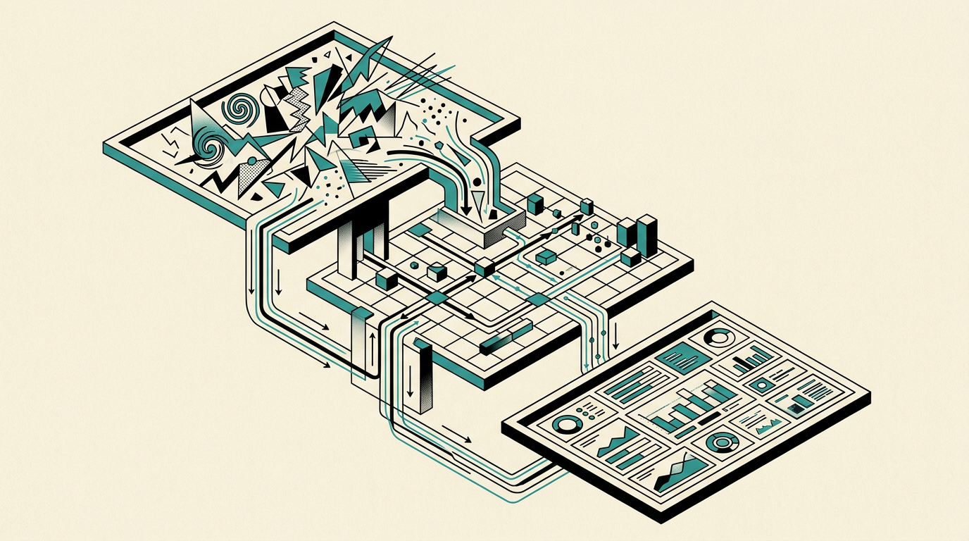 Three stacked planes: raw inputs as scattered shapes, a middle grid of organized knowledge, and top-level dashboards for decisions.