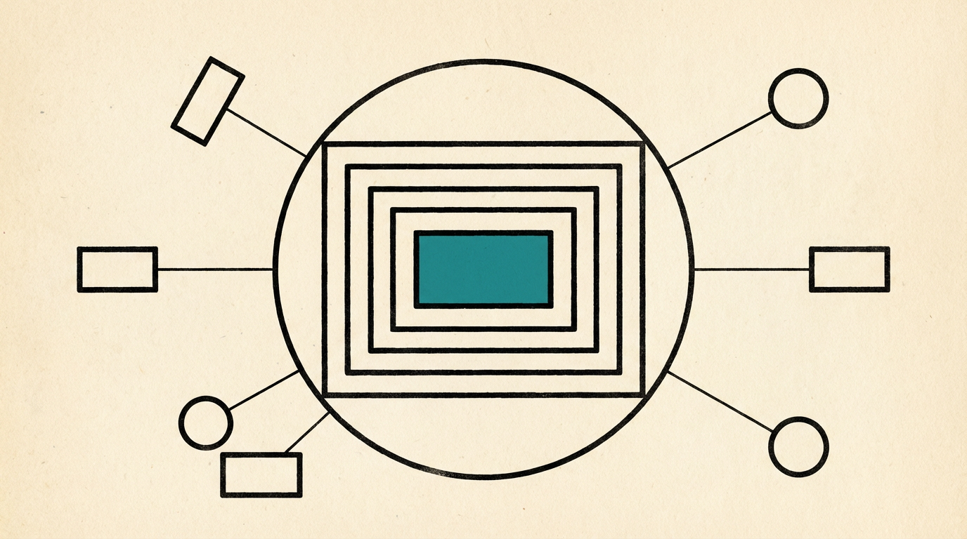 Abstract geometric composition: nested rectangles within a circle and radiating lines, Bauhaus-inspired.